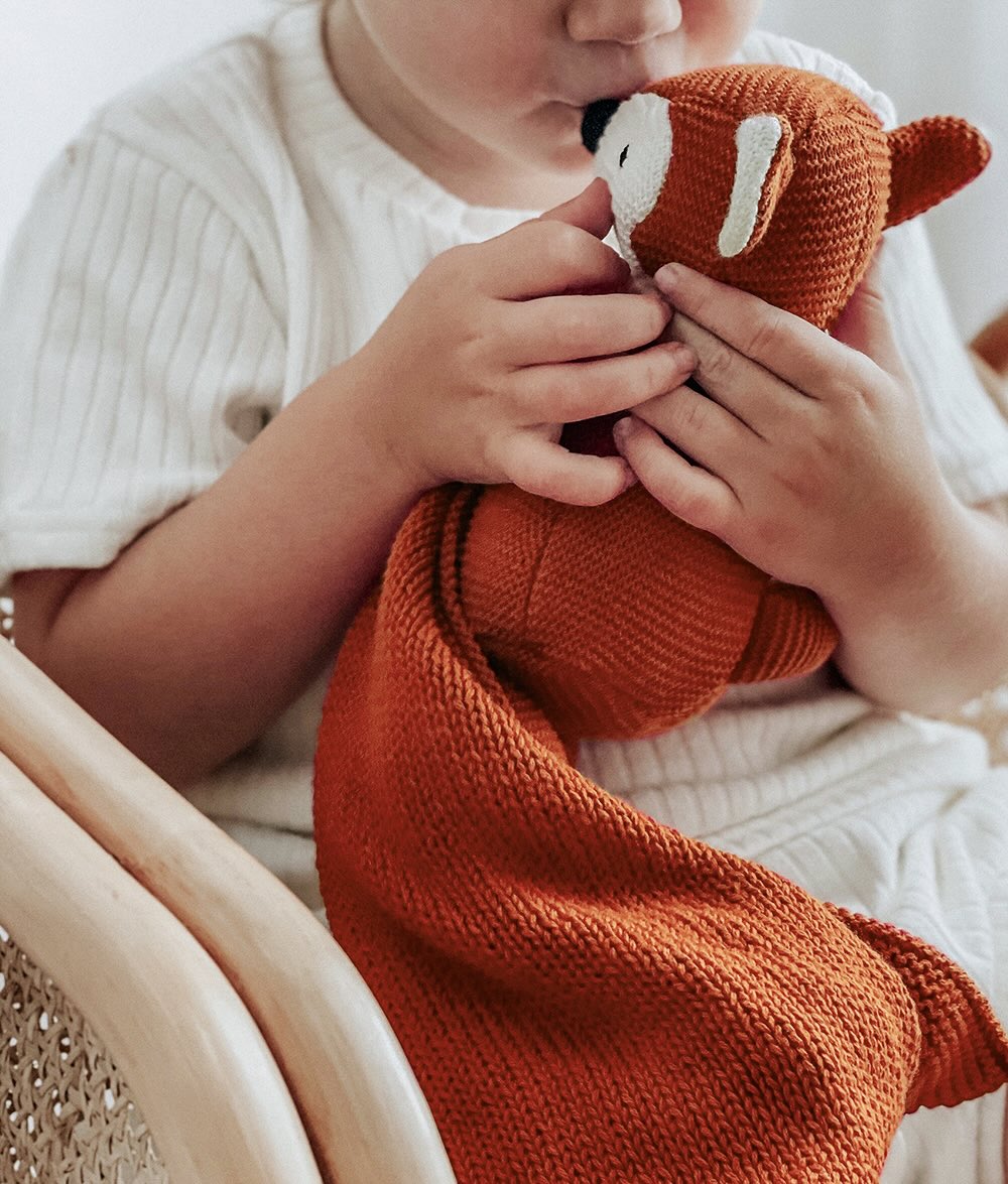 Child holding an orange knitted fox toy