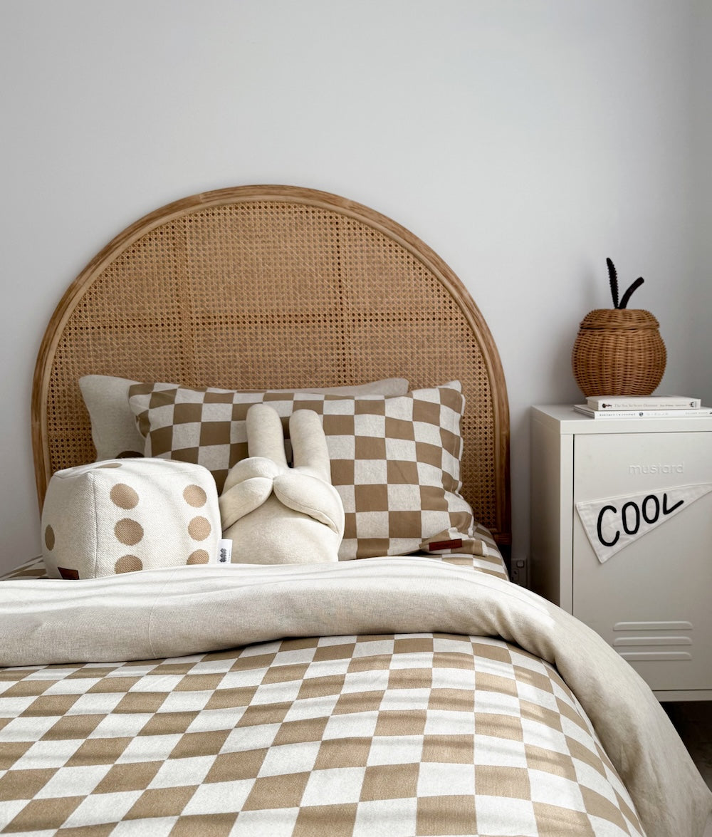 Overhead view of the Khaki Gingham duvet cover with matching checker pillowcases.