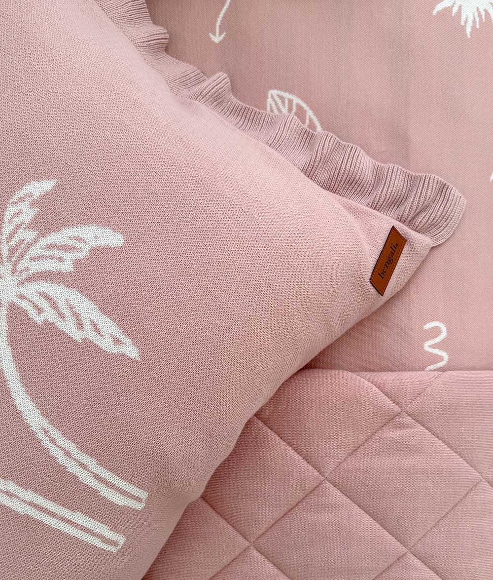 Close-up of the "Bare Feet Salty Hair" pillowcase with palm tree reverse.