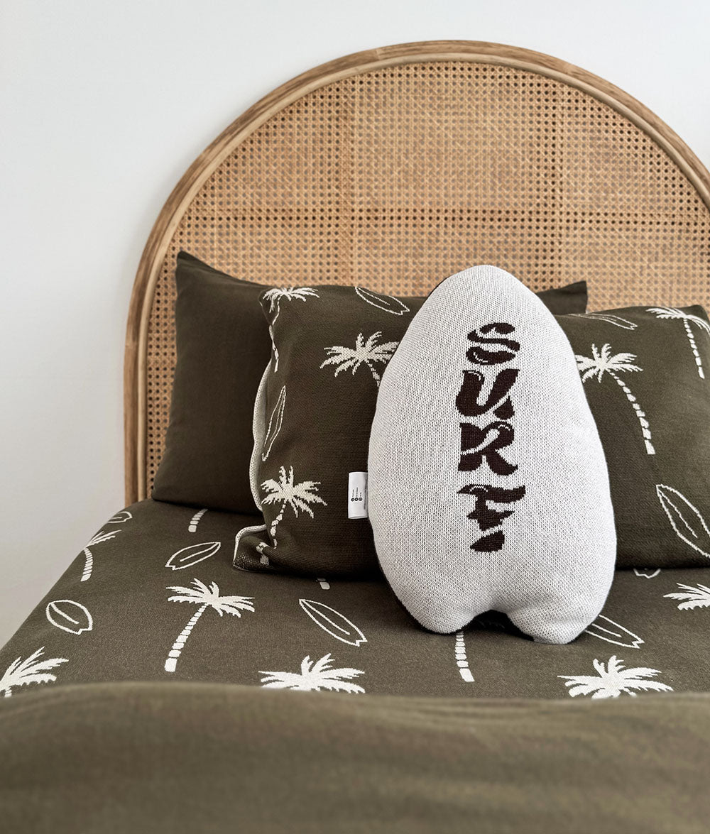 Olive Surfing Palm reversible pillowcase styled with Surf cushion.