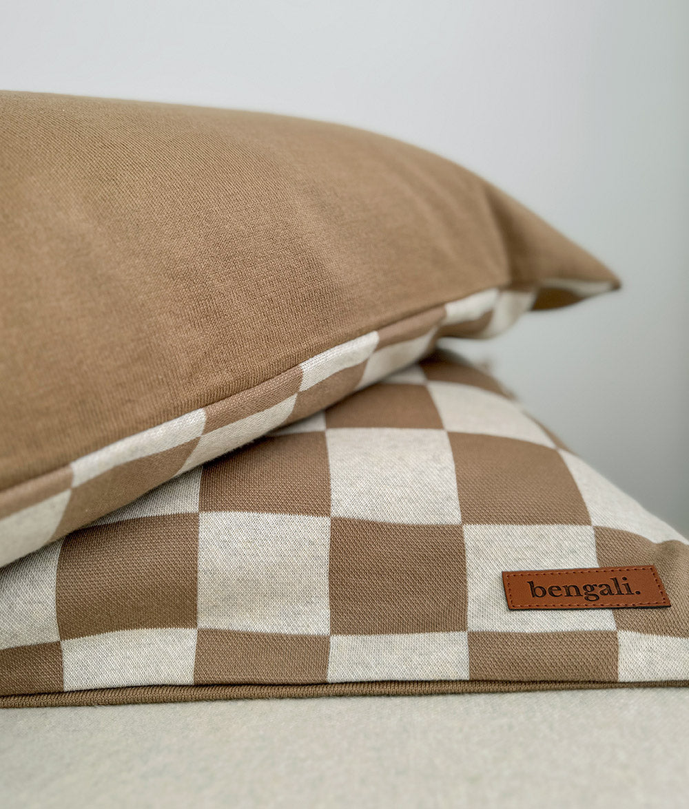 Khaki Gingham reversible pillowcase with plain khaki reverse.