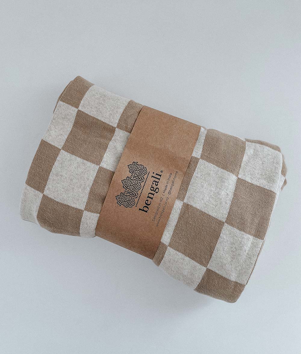 Bengali Baby & Kids | Fitted Jersey Cotton Sheet - Khaki Gingham Checker in Cot/Crib, Single, + King Single