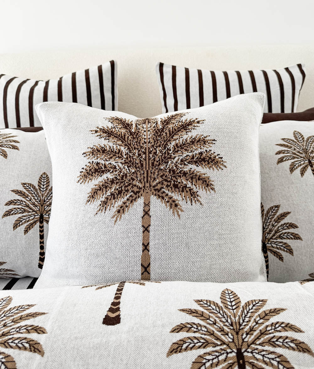 Palm Motif cushion cover in ivory with khaki palm tree design.