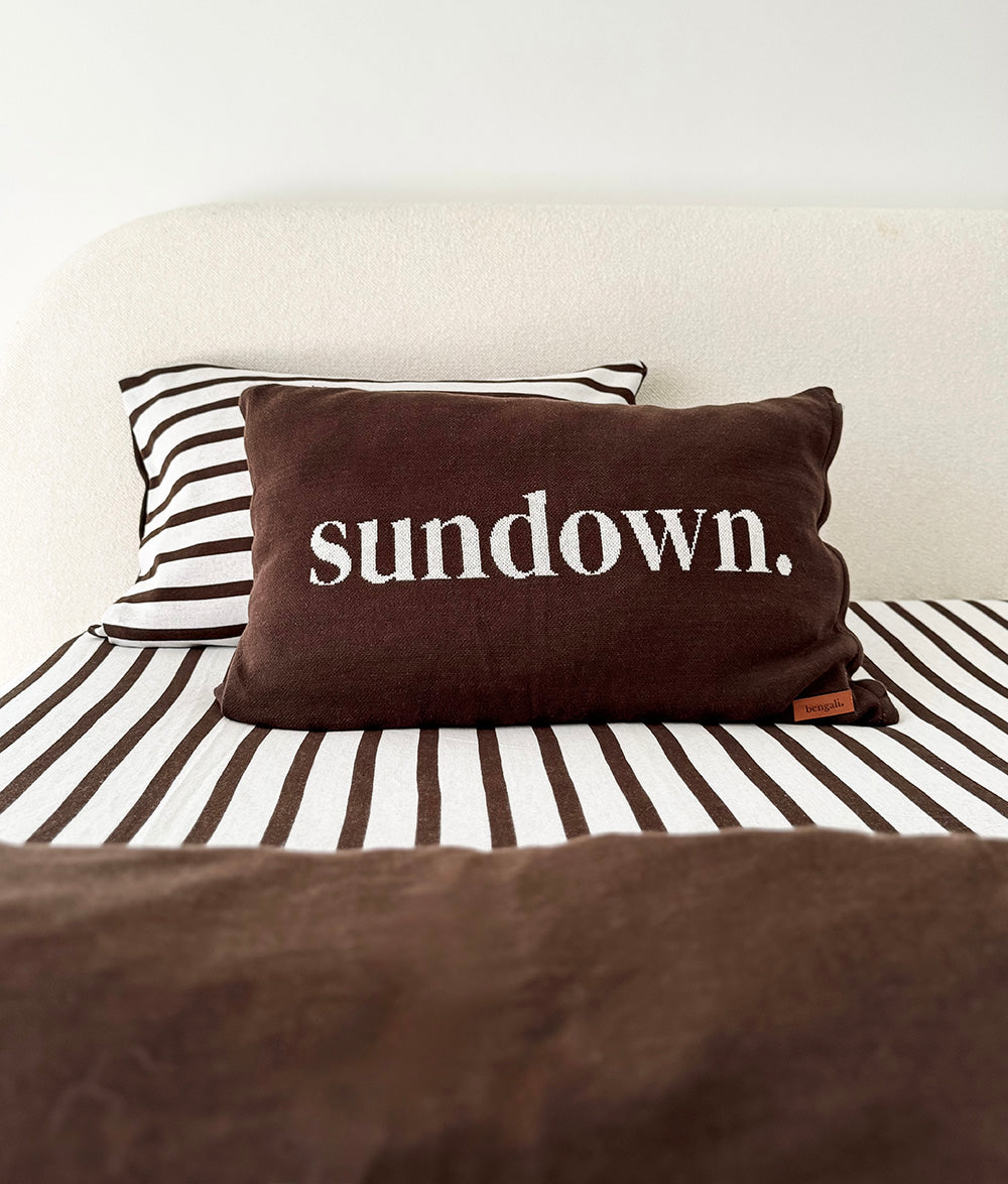 "Sundown." reversible pillowcase in chocolate with chocolate stripe reverse.