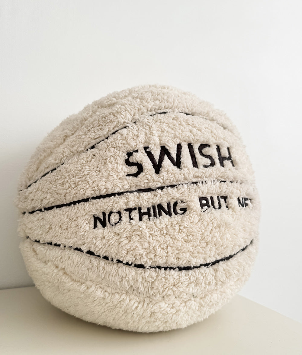 Sherpa basketball play cushion with embroidered "Swish Nothing But Net" detail.