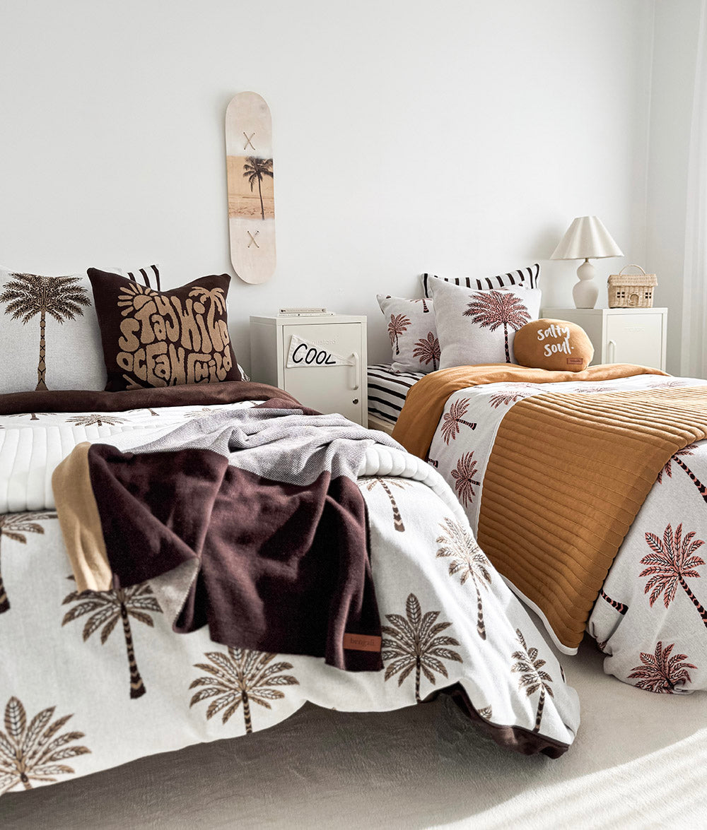 Khaki Sundown jersey cotton duvet cover styled with coordinating Sundown collection bedding.