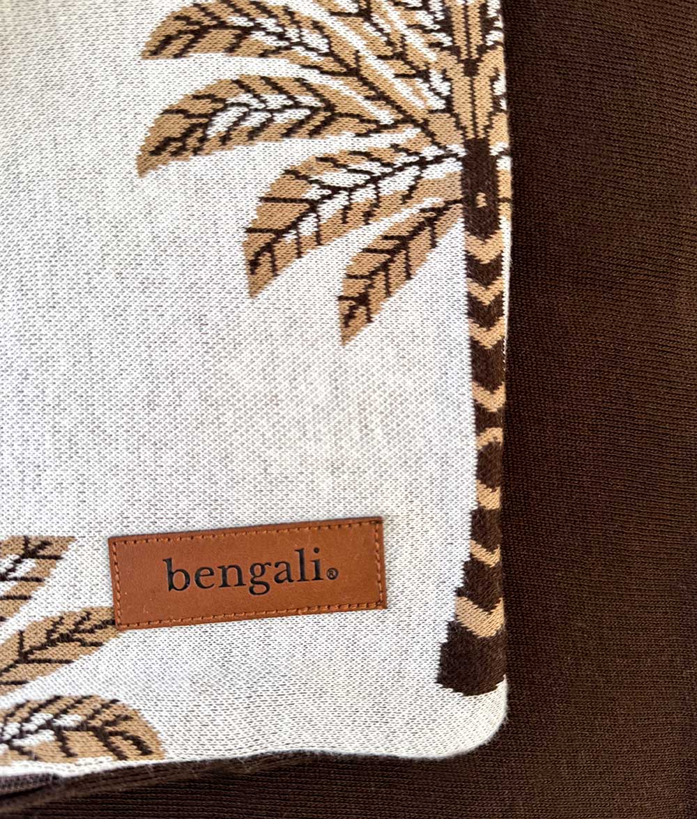 Close-up of the Khaki Sundown jersey cotton duvet cover with Bengali leather label.