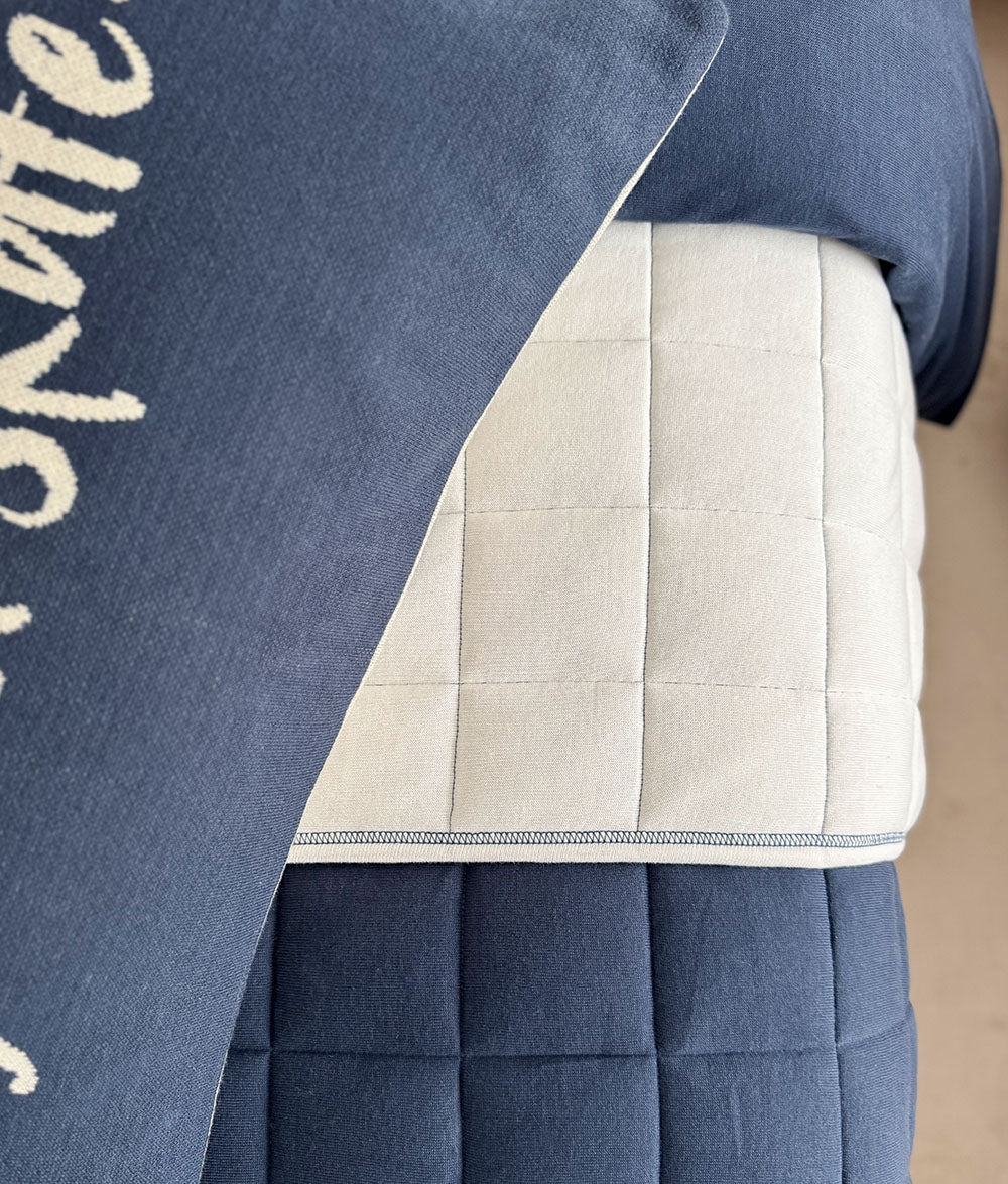 "Skaters Gonna Skate" cushion cover with Tidal Blue quilt.