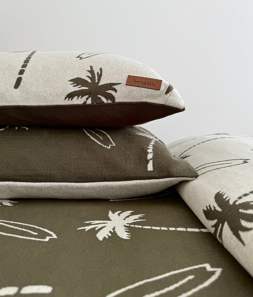 Olive Surfing Palm reversible pillowcase with Bengali leather label.
