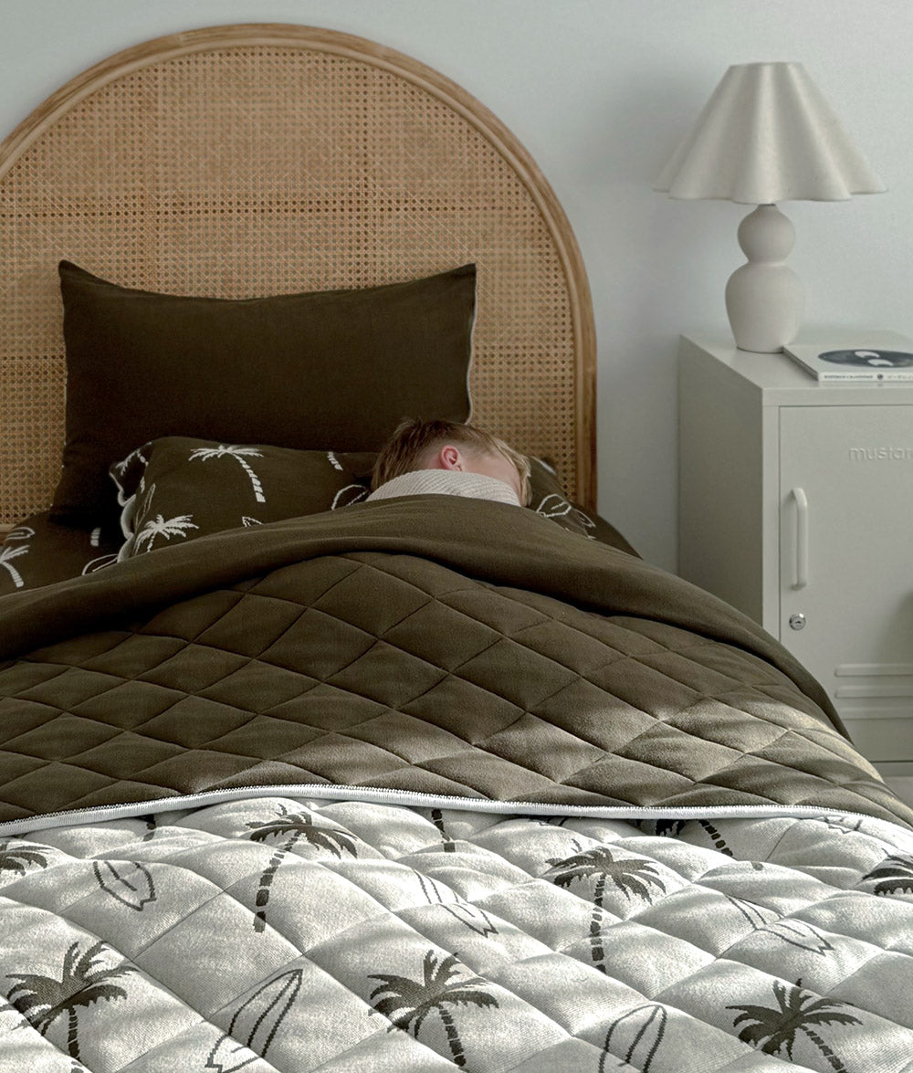 Olive Surfing Palm reversible pillowcase with olive reverse.