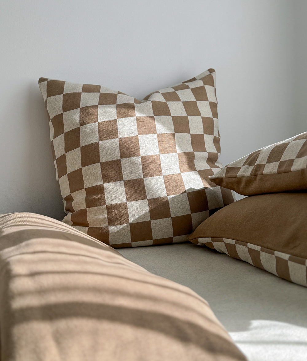 Khaki Gingham Euro pillowcase with oversized khaki and natural checker pattern.
