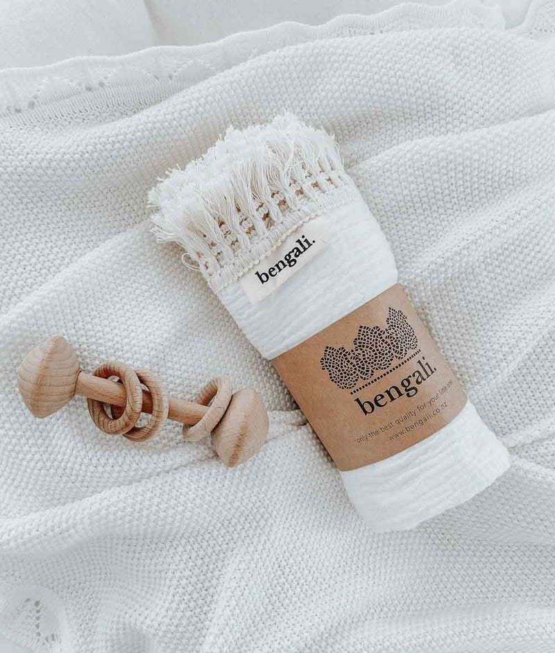 Bengali Baby Muslin Cotton Fringe Swaddle White Bengali Home